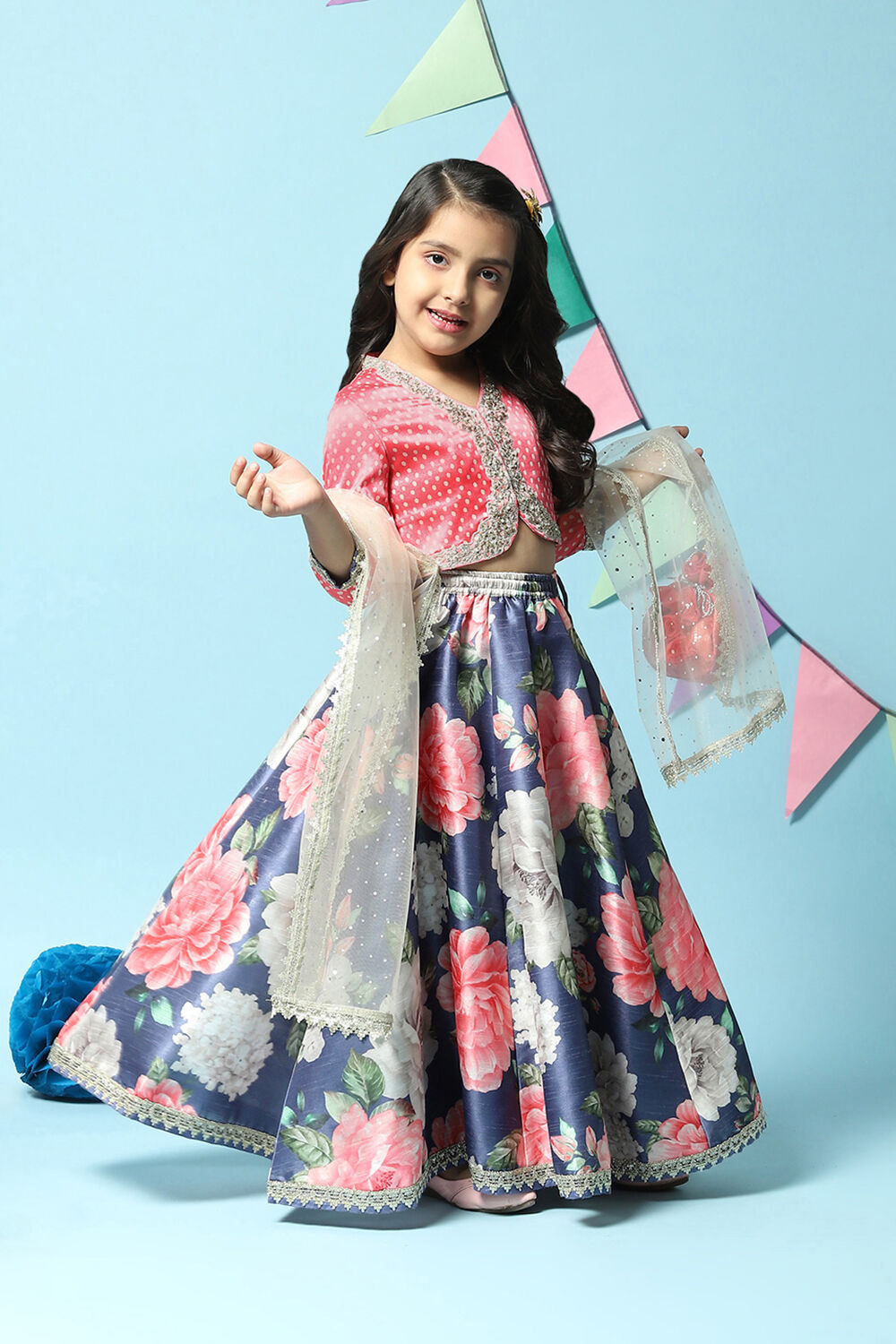 Pink & Blue Viscose Blend Lehenga Set image number 7