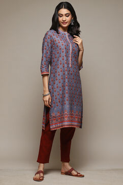 Grey Cotton Straight Printed Kurta image number 4