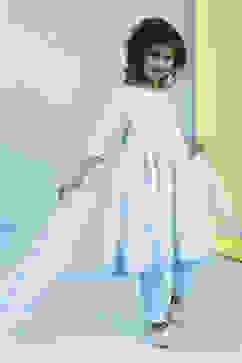 White and Blue Cotton Printed Gathered Suit Set image number 0