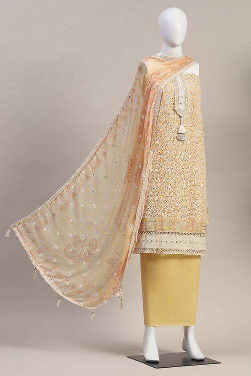 Yellow Cotton Schiffly Unstitched Suit Set image number 2