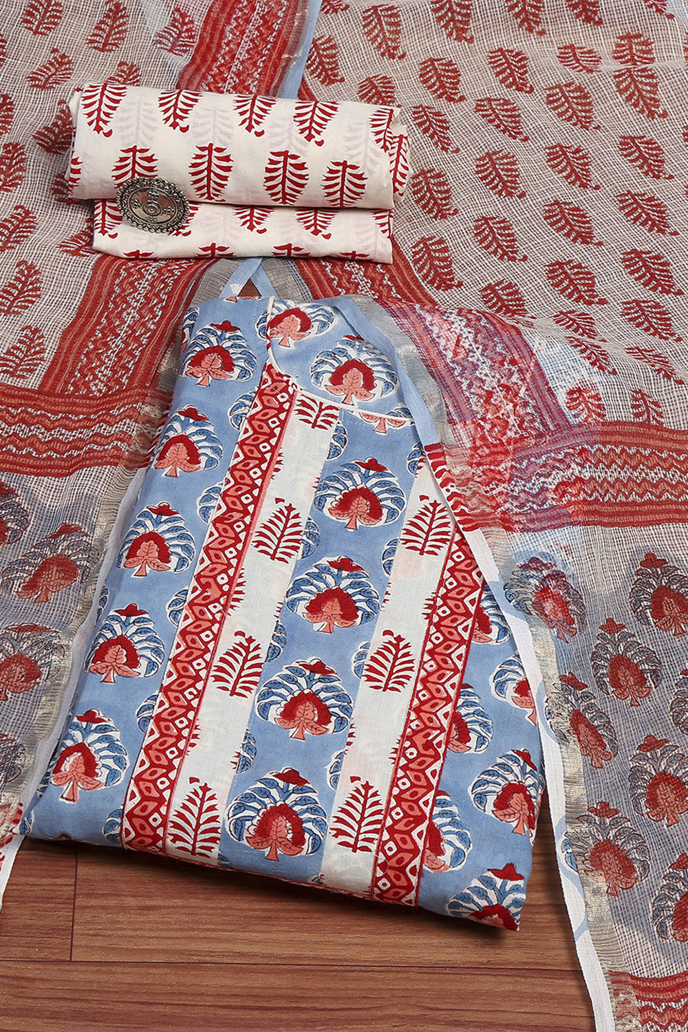 Slate Blue Cotton Hand Block Print Unstitched Suit Set image number 0