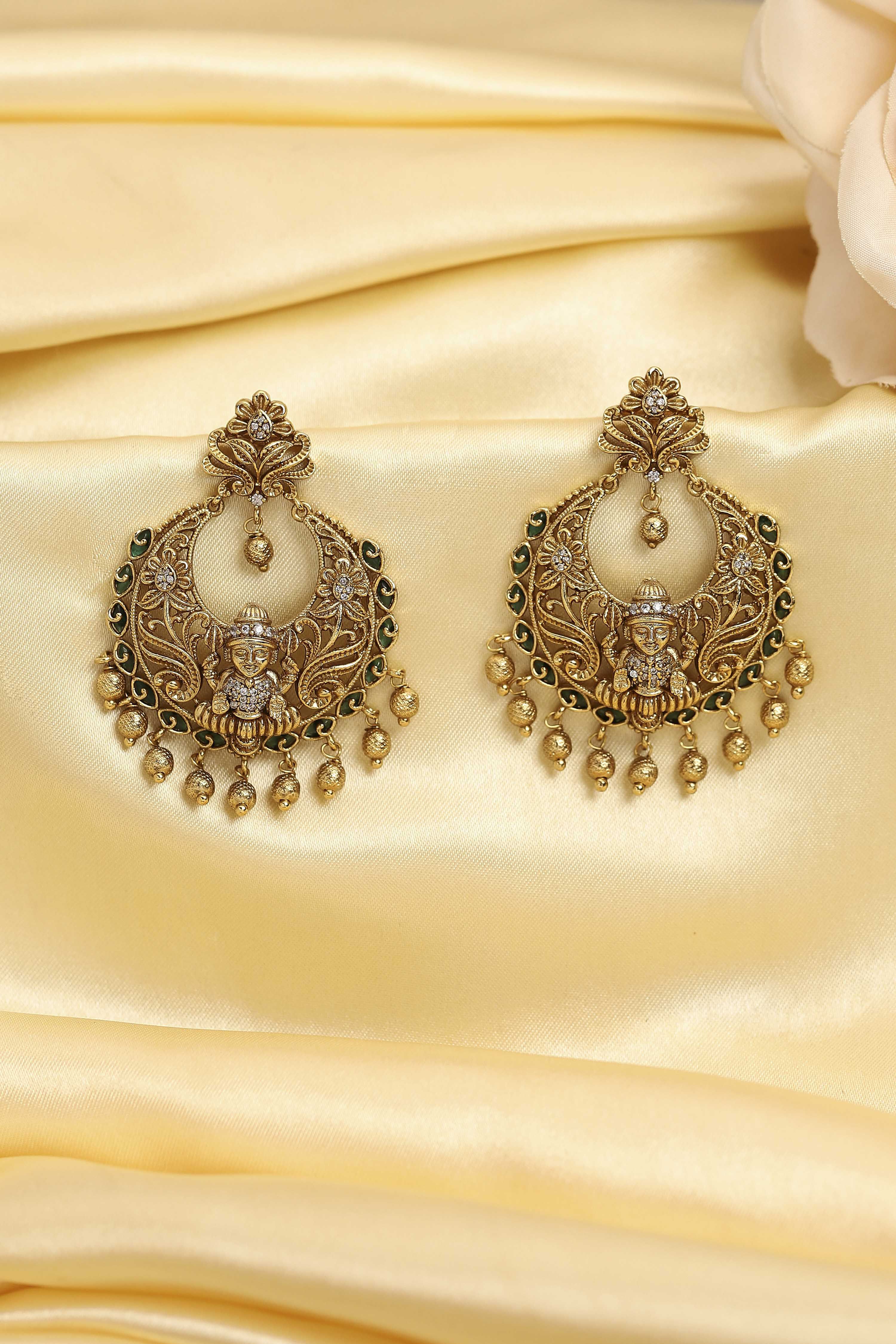Green Gold Plated Alloy Temple Chandbalis image number 4