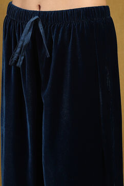 Blue Velvet Embroidered Straight Suit Set image number 2