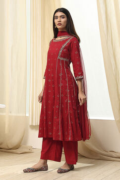 Red Cotton Foil Printed Kalidar Suit Set image number 3