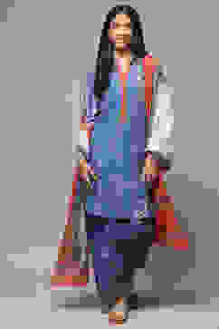 Blue Cotton Straight Kurta Cross Yoke Salwar Suit Set image number 5