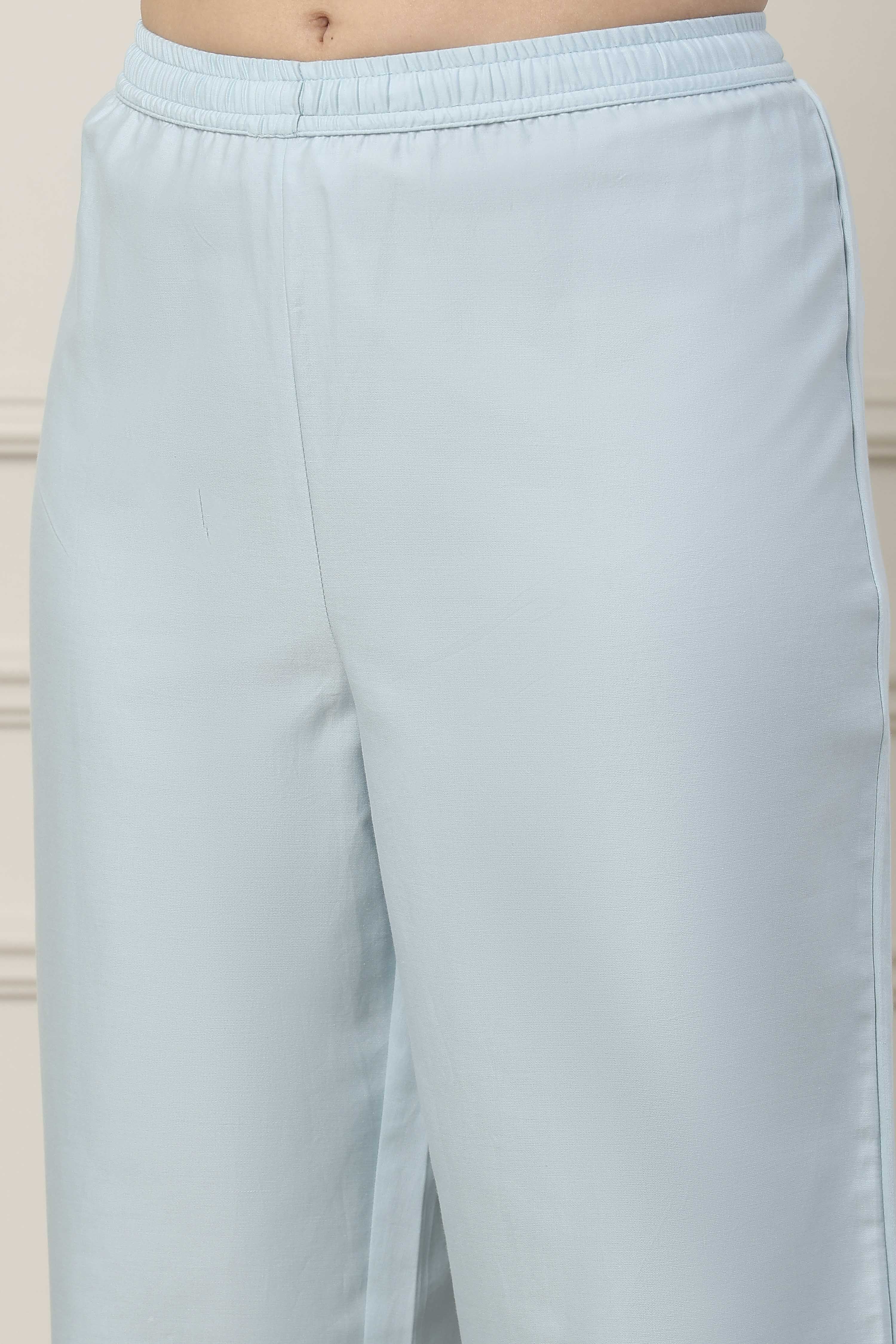 Blue Silk Chanderi Yoke Embroidered Kalidar Suit Set image number 2