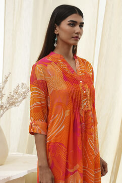 Orange Printed Pleated A-Line Kurta image number 1