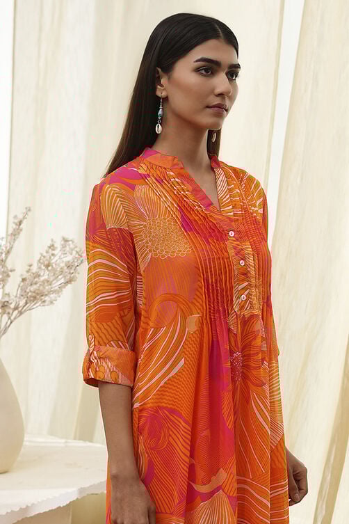 Blue Printed Pleated A-Line Kurta image number 1