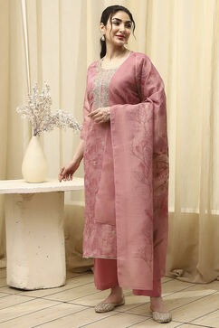 Pink Chanderi Machine Embroidered Unstitched Suit Set image number 4