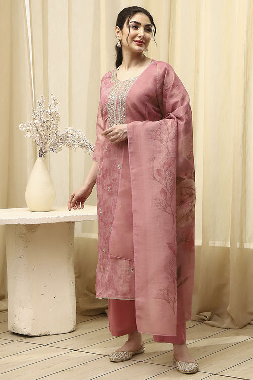 Pink Chanderi Machine Embroidered Unstitched Suit Set image number 4