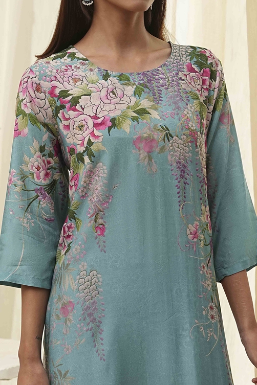 Blue Floral Straight Kurta Set image number 1