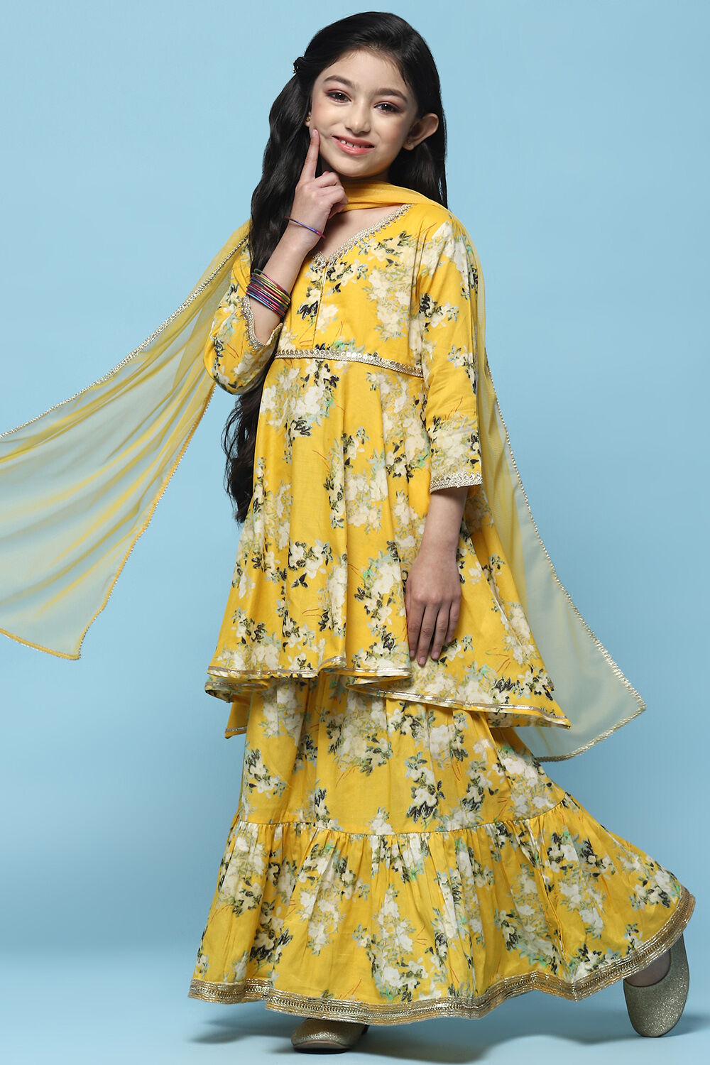 Yellow Floral Cotton Peplum Kurta Garara & Net Dupatta image number 0