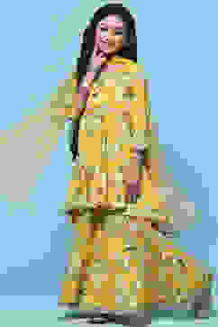 Yellow Floral Cotton Peplum Kurta Garara & Net Dupatta image number 0