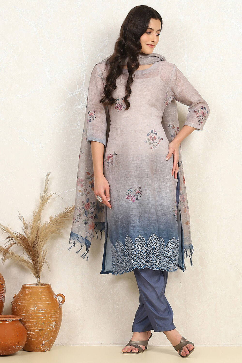 Rust Linen Printed Unstitched Suit Set image number 1