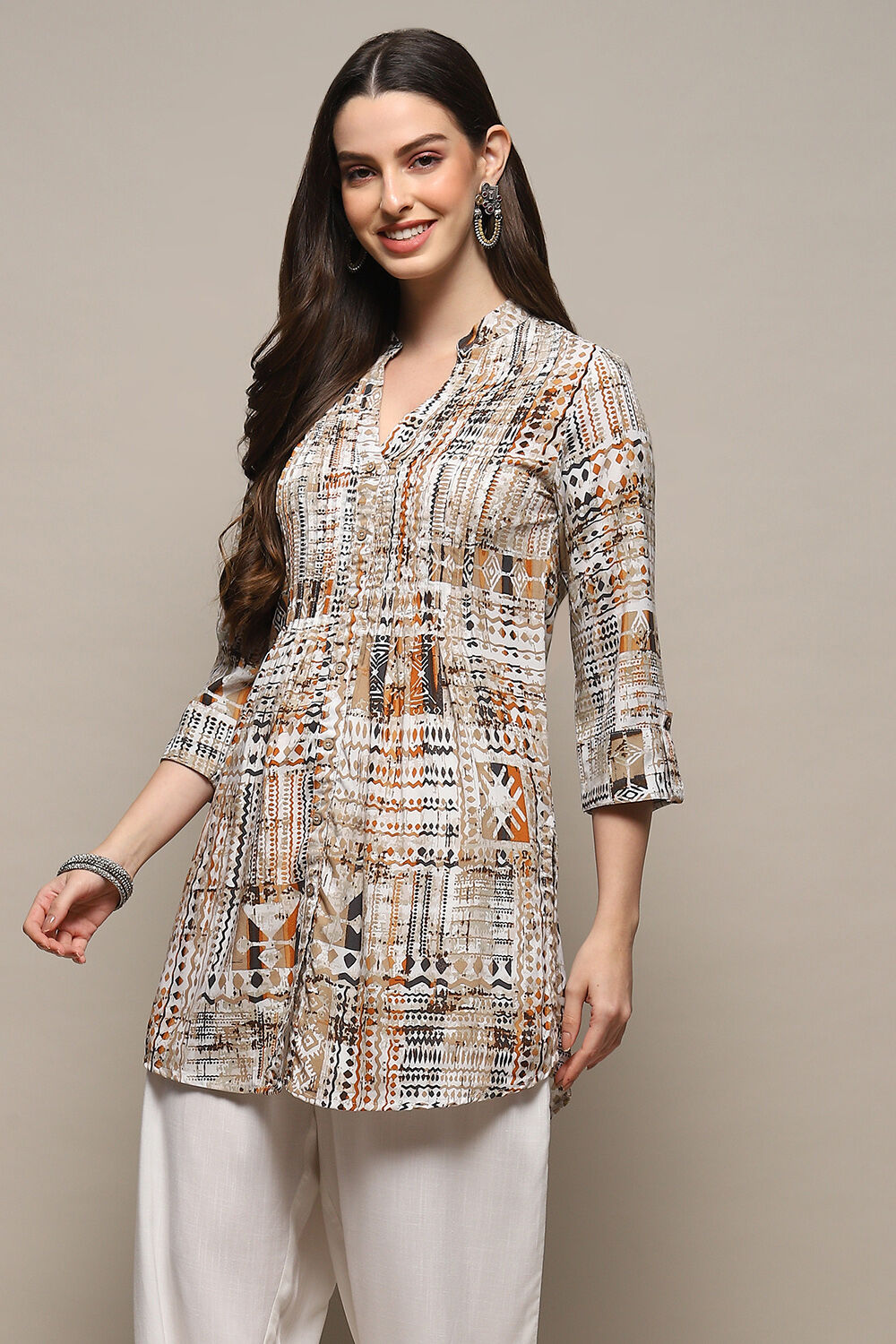 Brown Printed Straight Short Kurta image number 2