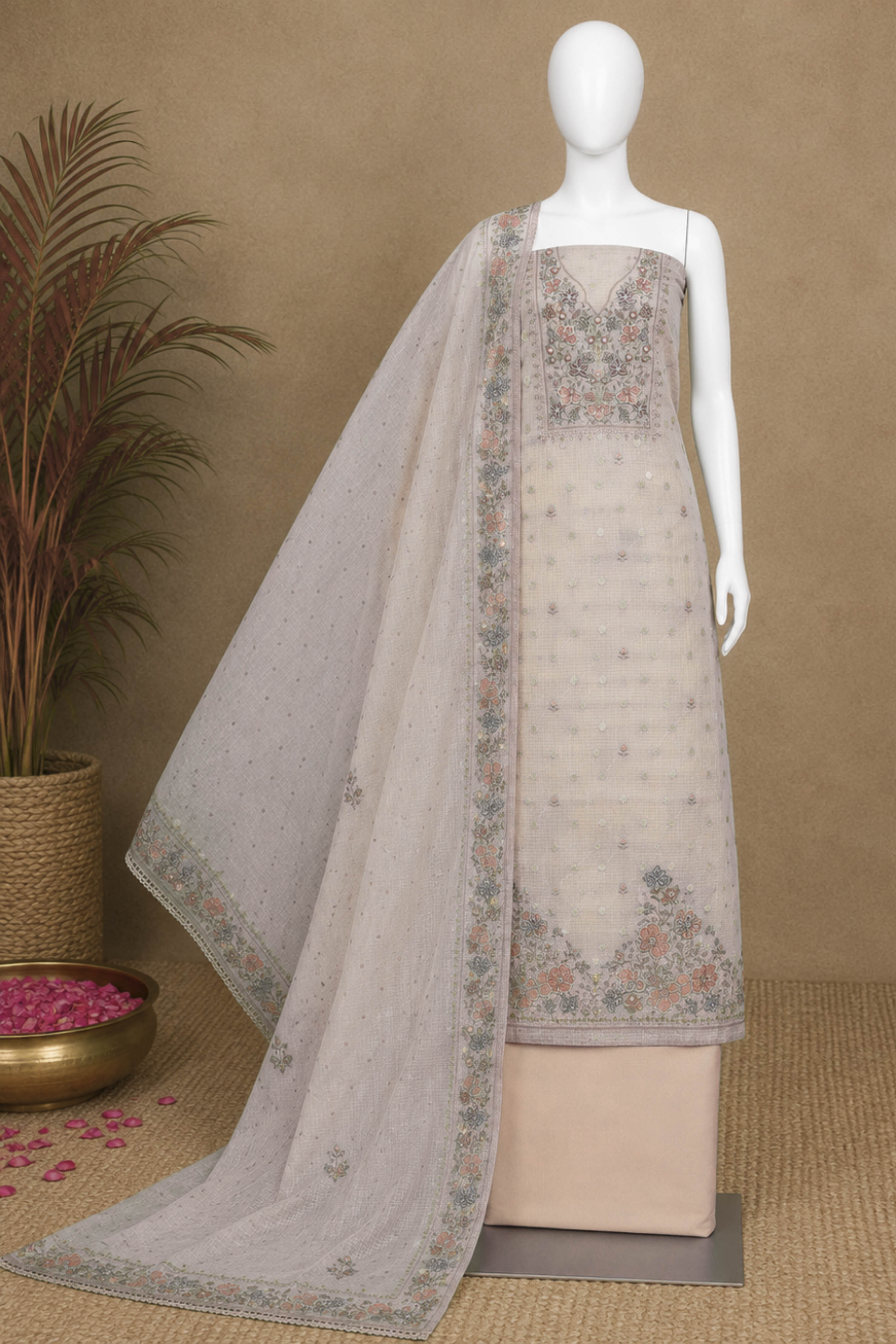 Teal Kota Cotton Neck Embroidered Unstitched Suit Set image number 5