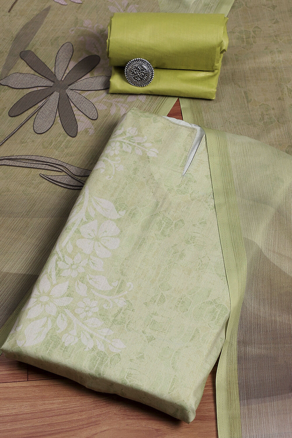 Green Cotton Printed Embroidered Unstitched Suit Set image number 0