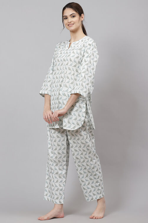 Mint Straight Cotton Three Piece Printed Sleepwear Set image number 3