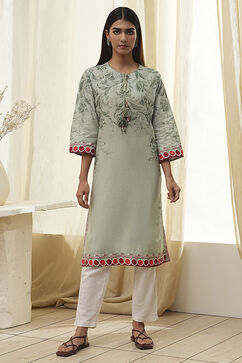 Green Cotton Floral Straight Kurta image number 5