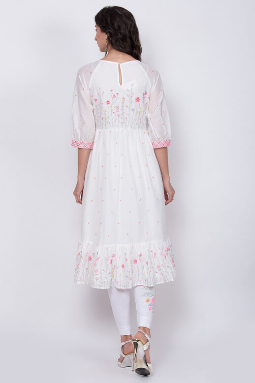 White Cotton Flared Printed Kurta image number 4