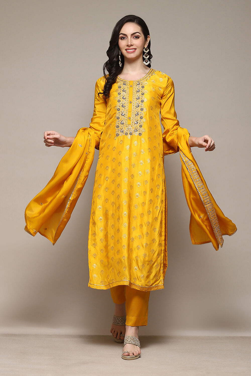 Yellow Banarasi Silk Machine Embroidered Unstitched Suit Set image number 1