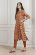 Rust Cotton Ikat Printed A-Line Kurta image number 2