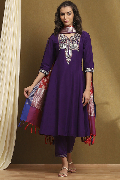 Buy Purple Embroidered Kalidar Suit Set Online at Biba India