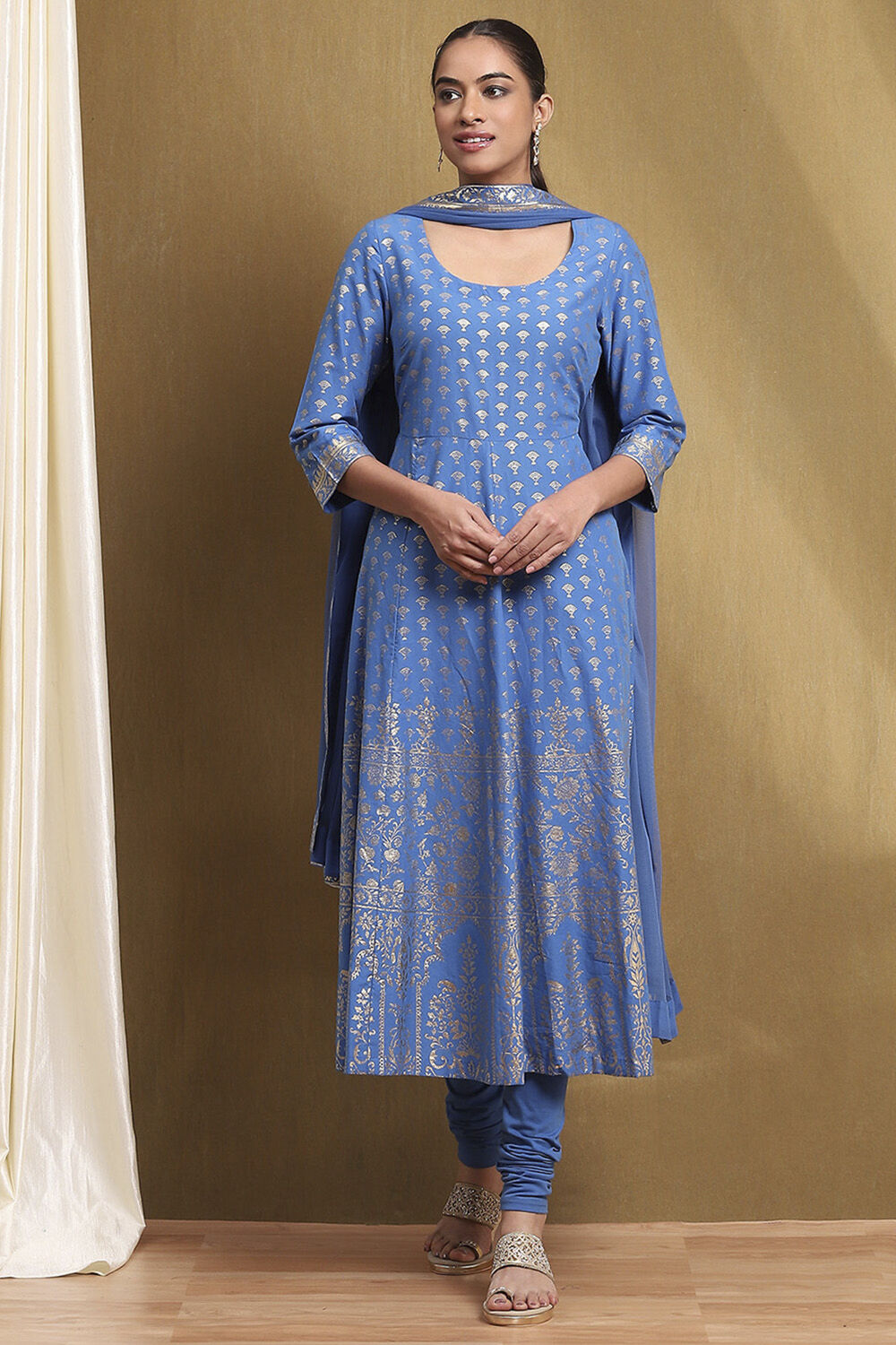 Electric Blue Cotton Printed Anarkali Suit Set image number 0