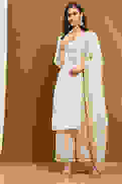 Off-White Silk Embroidered Festive Straight Suit Set image number 6