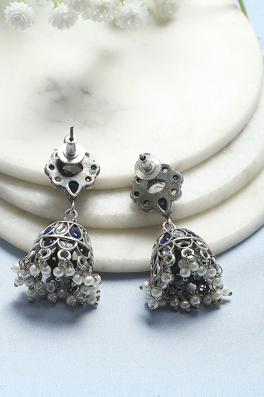 Blue White Brass Jhumka image number 2