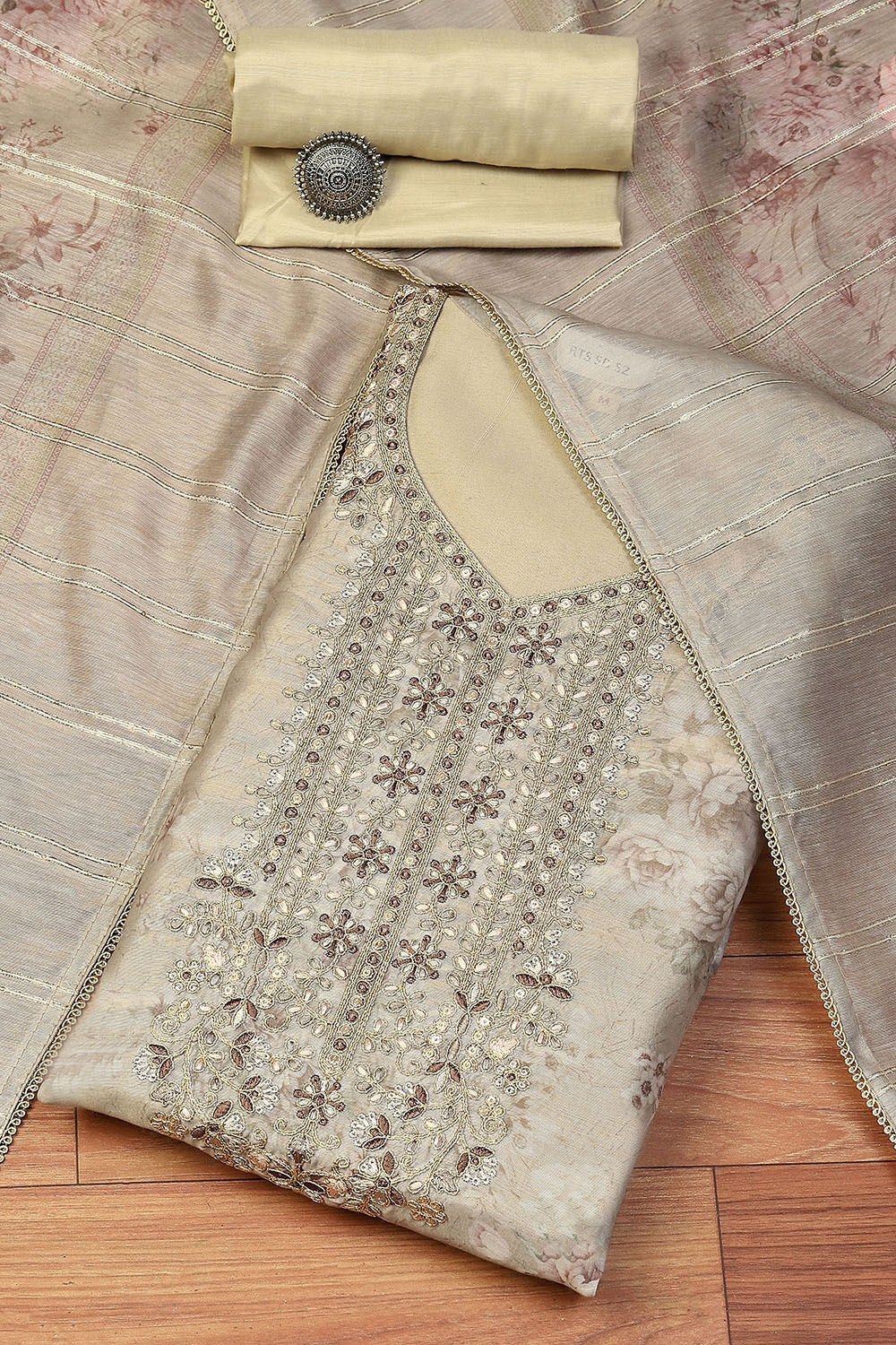 Beige Chanderi Blend Machine Embroidered Unstitched Suit Set image number 0