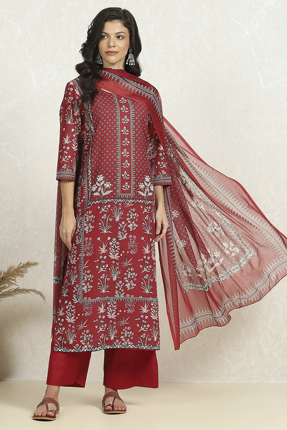 Maroon Cotton Digital Print Unstitched Suit Set image number 1