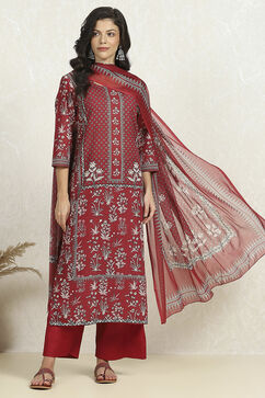 Green-Maroon Cotton Unstitched Suit Set image number 1