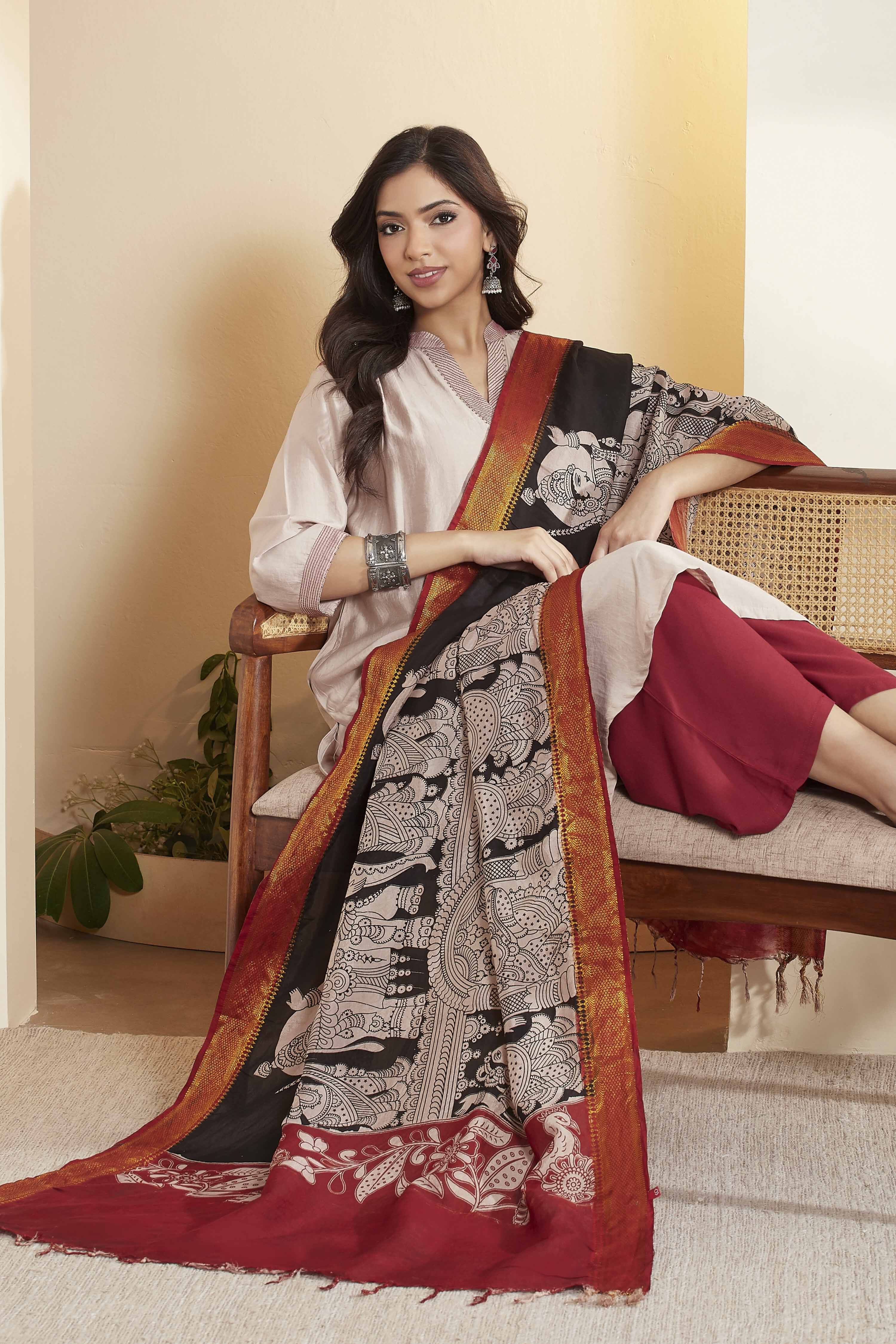 Black Chennur Silk Kalamkari- Inspired Dupatta image number 0