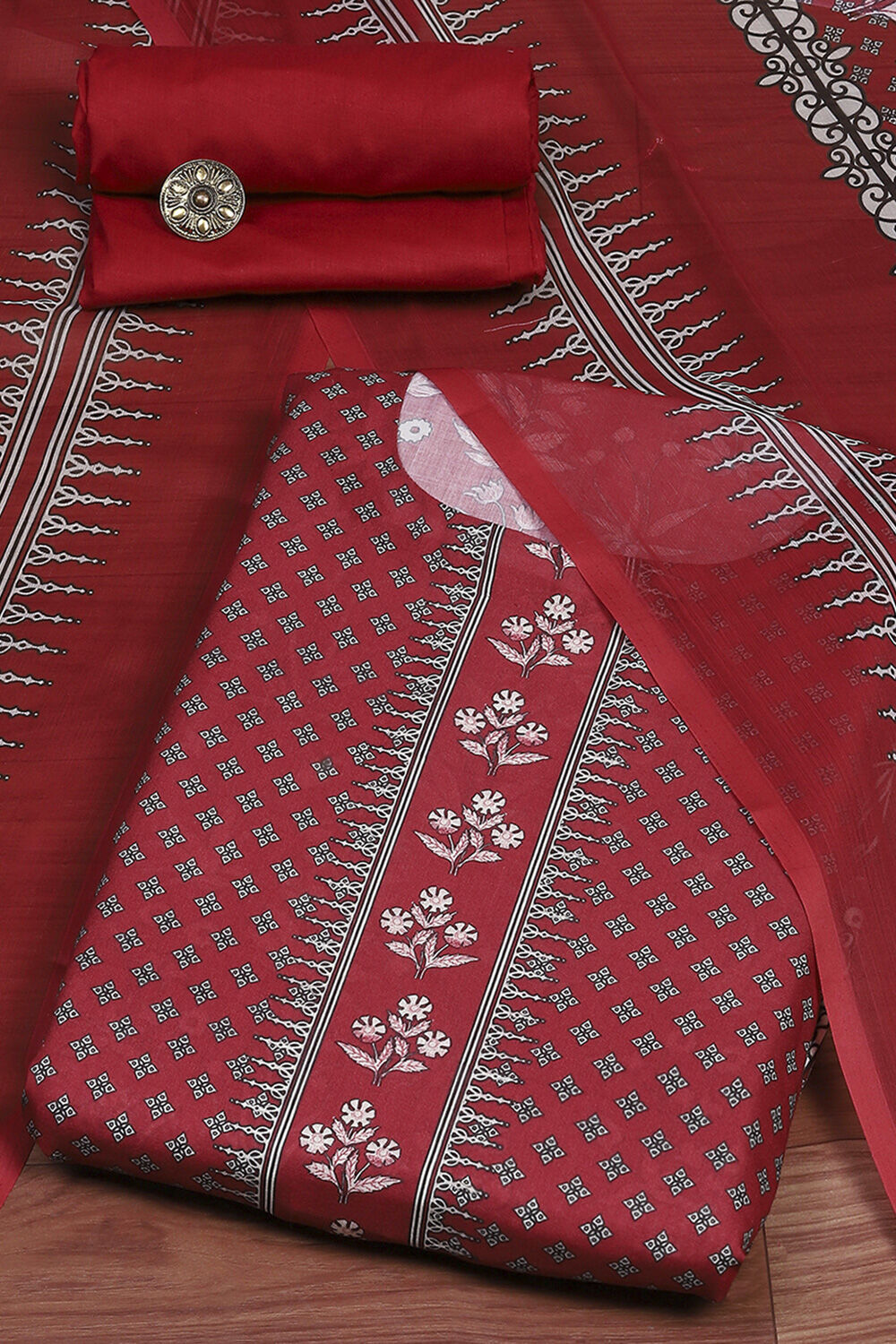 Maroon Cotton Digital Print Unstitched Suit Set image number 0