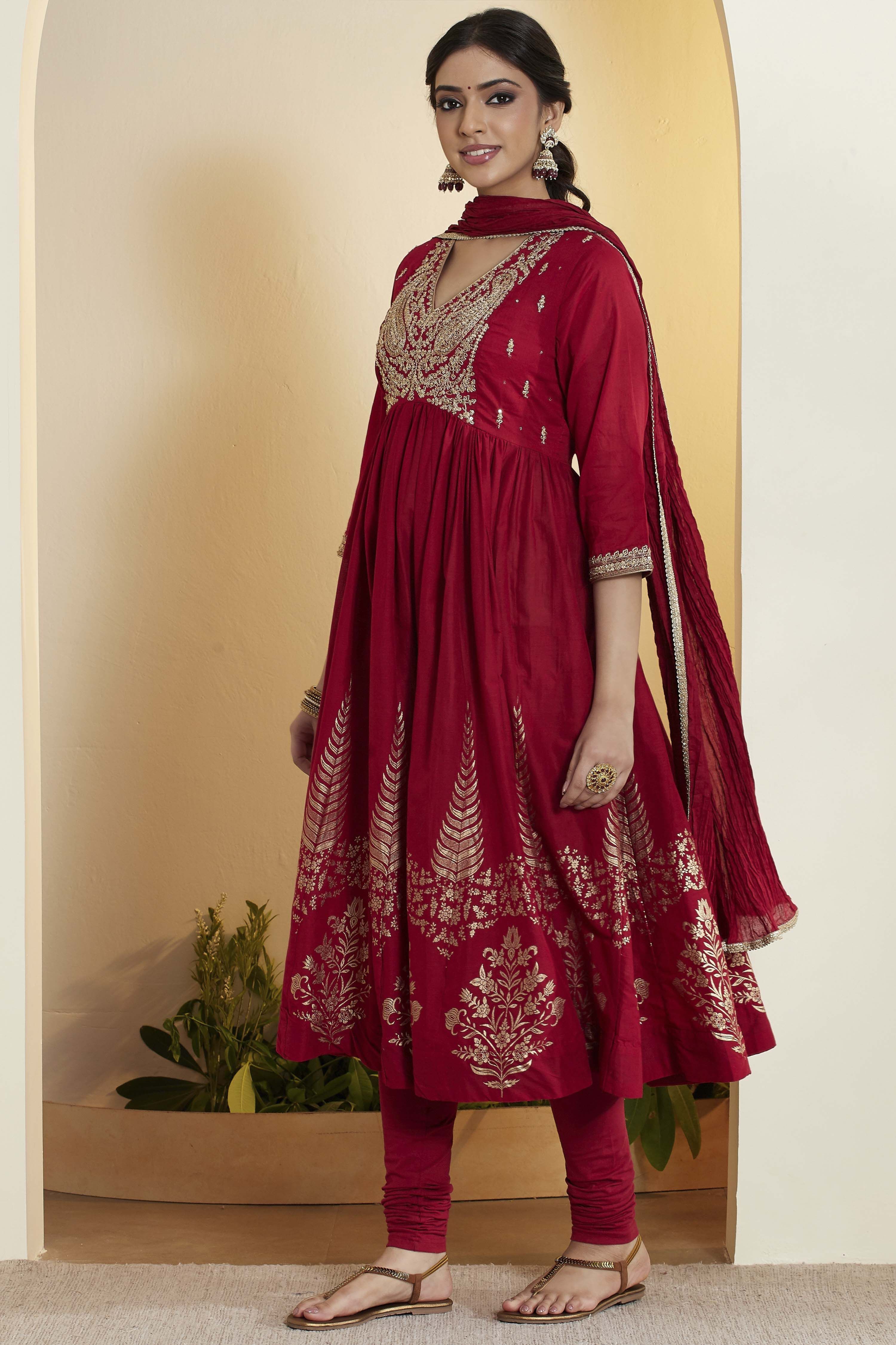 Red Cotton Anarkali Suit Set image number 4