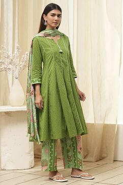 Green Cotton Yarn-Dyed Kalidar Suit Set image number 5