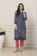 Indigo Blue Floral Printed Straight Kurta image number 5