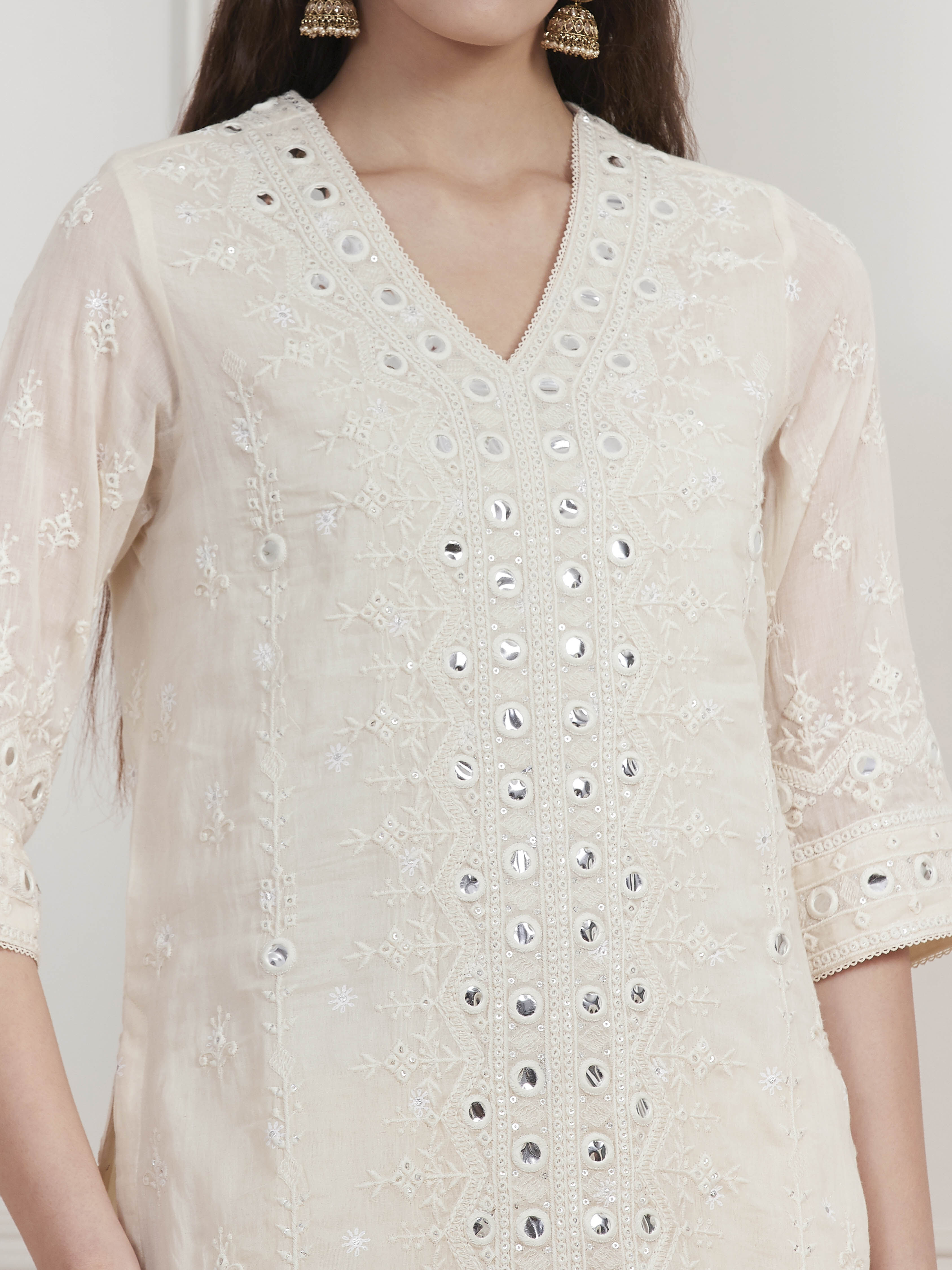 Ecru Cotton Embroidered Straight Sharara Suit Set image number 1