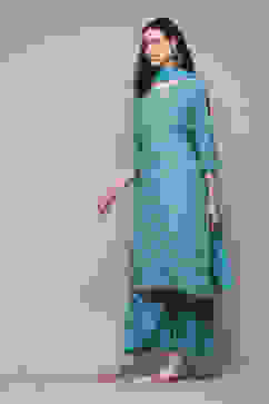 Turquoise Poly Musin Straight Printed Kurta Palazzo Suit Set image number 5