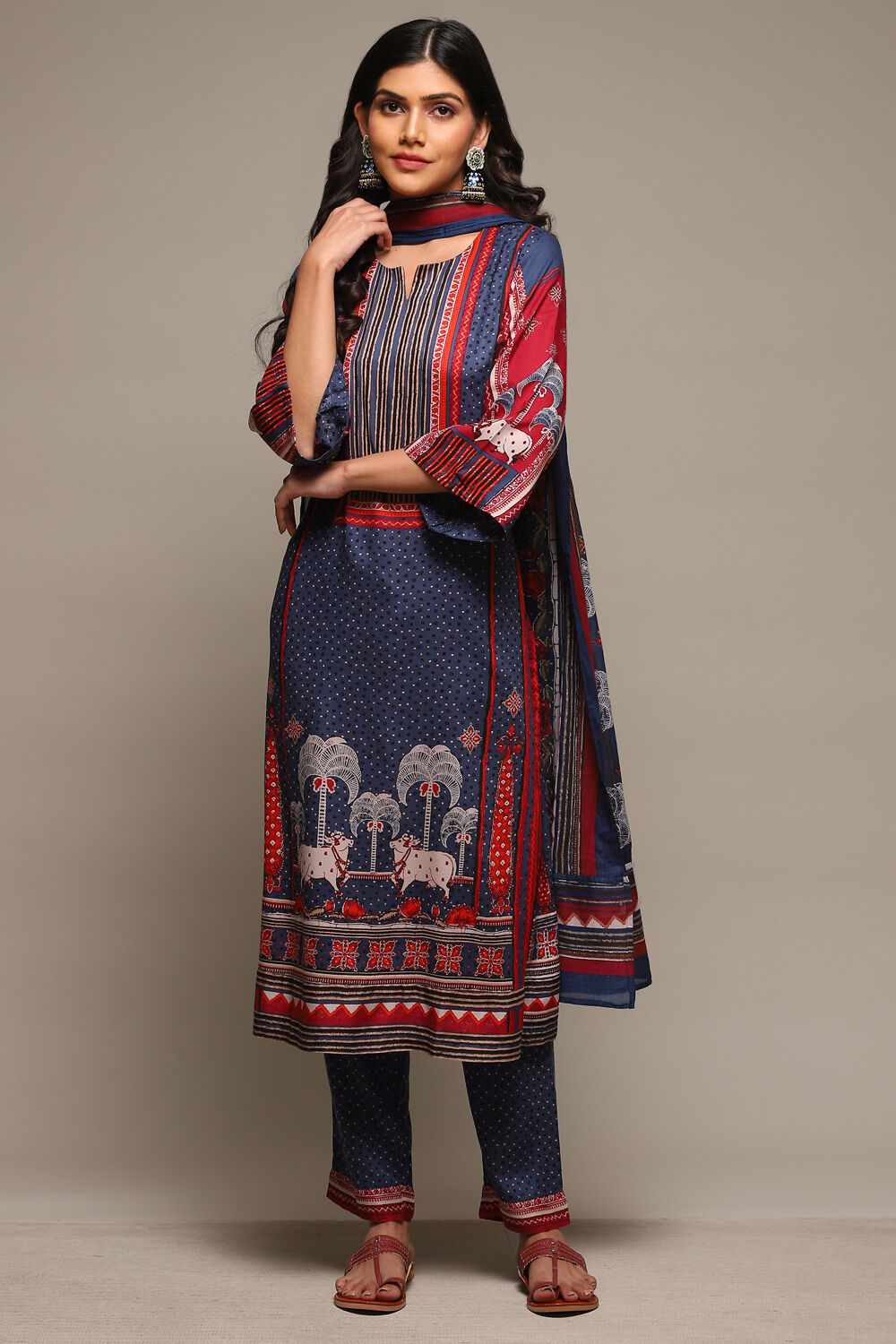 Indigo & Red Rayon Straight Kurta Pants Suit Set image number 7