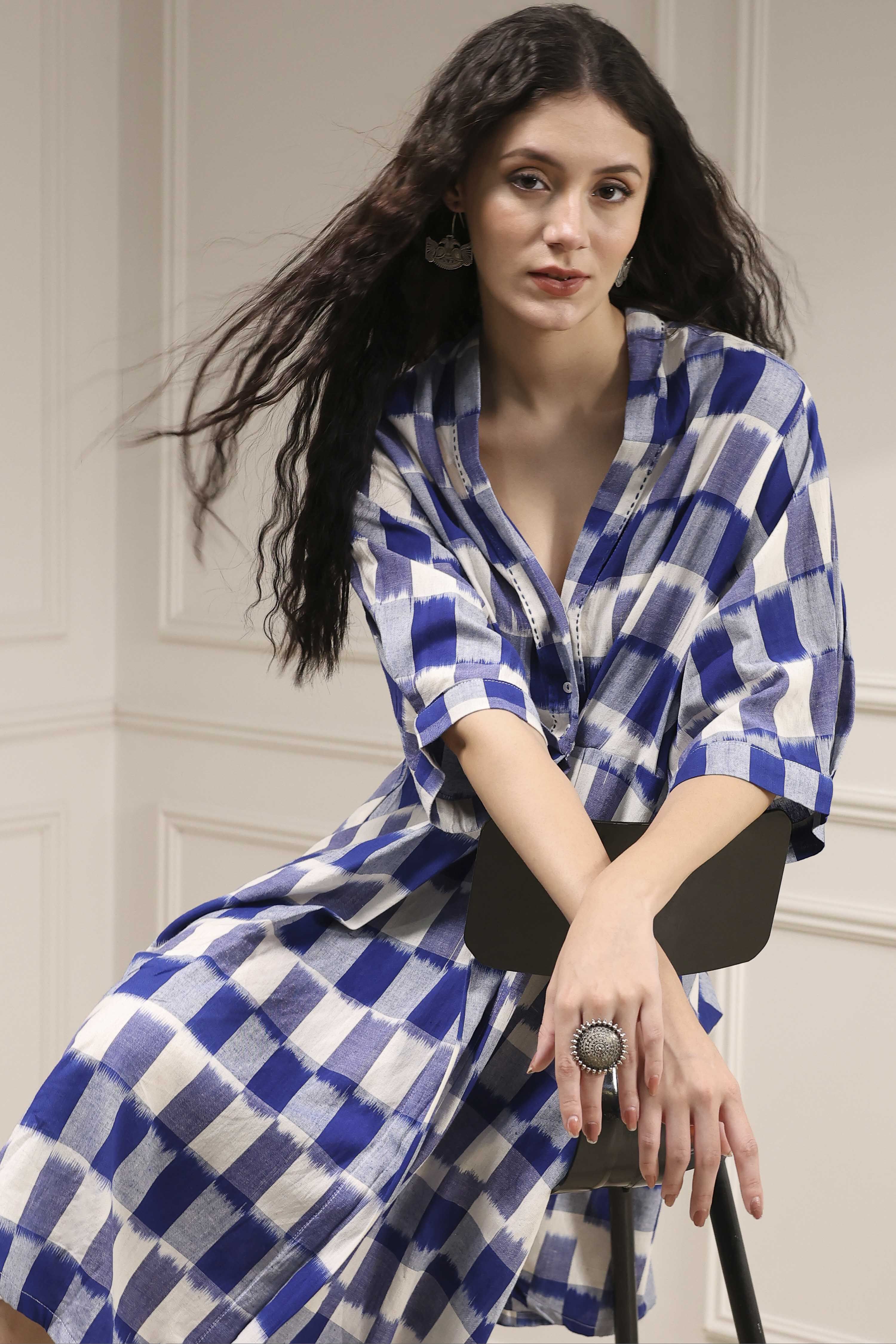 Indigo Cotton Flared Yarndyed Dress image number 0