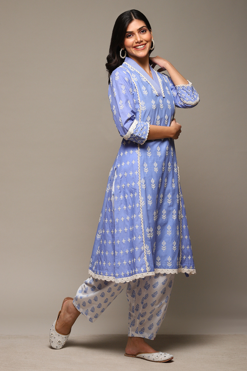 White Blue Cotton Printed Relaxed Salwar