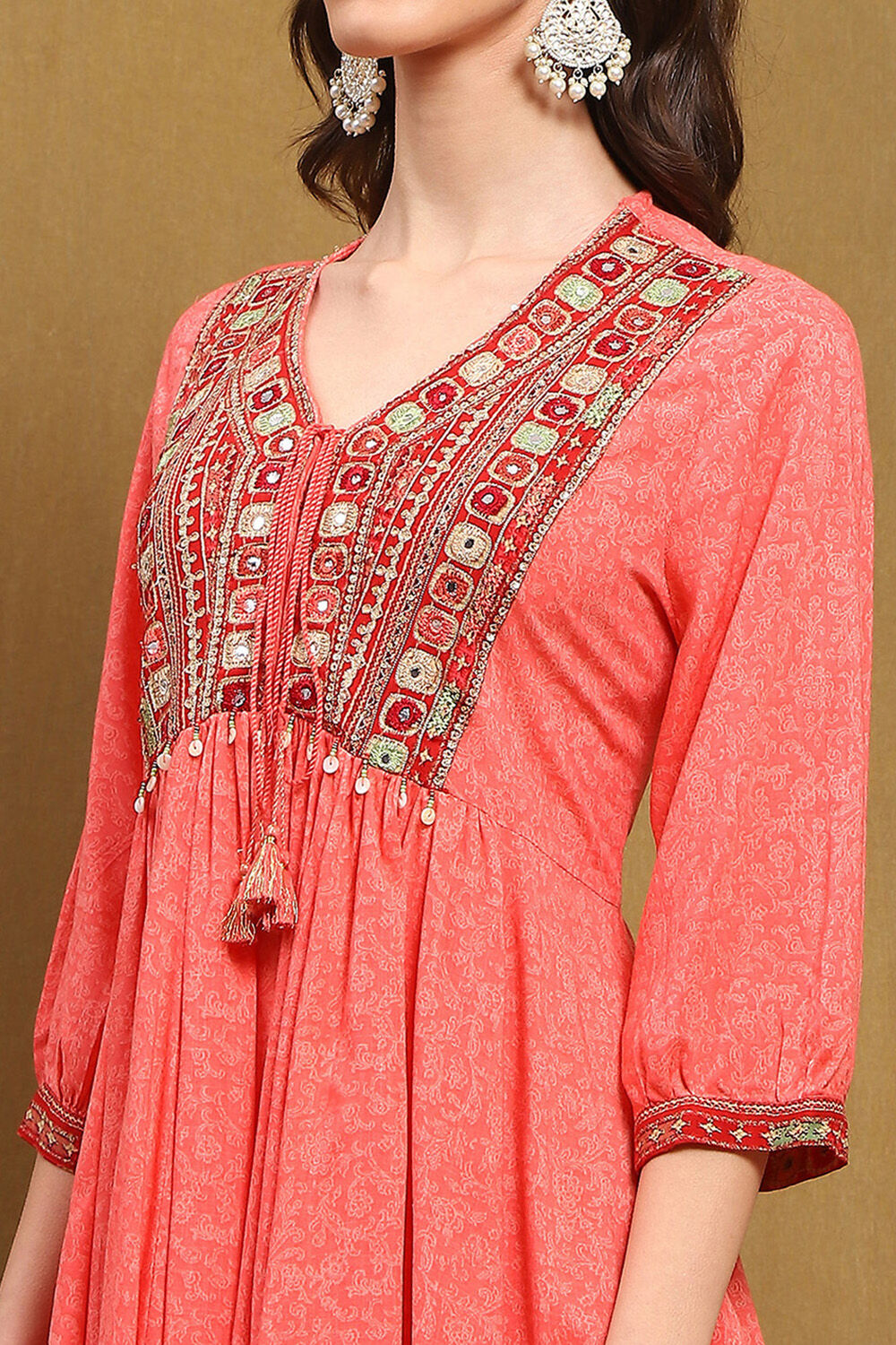 Peach-Toned and Beige Embroidered Peplum Kurta Set image number 1