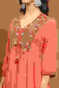 Peach-Toned and Beige Embroidered Peplum Kurta Set image number 1