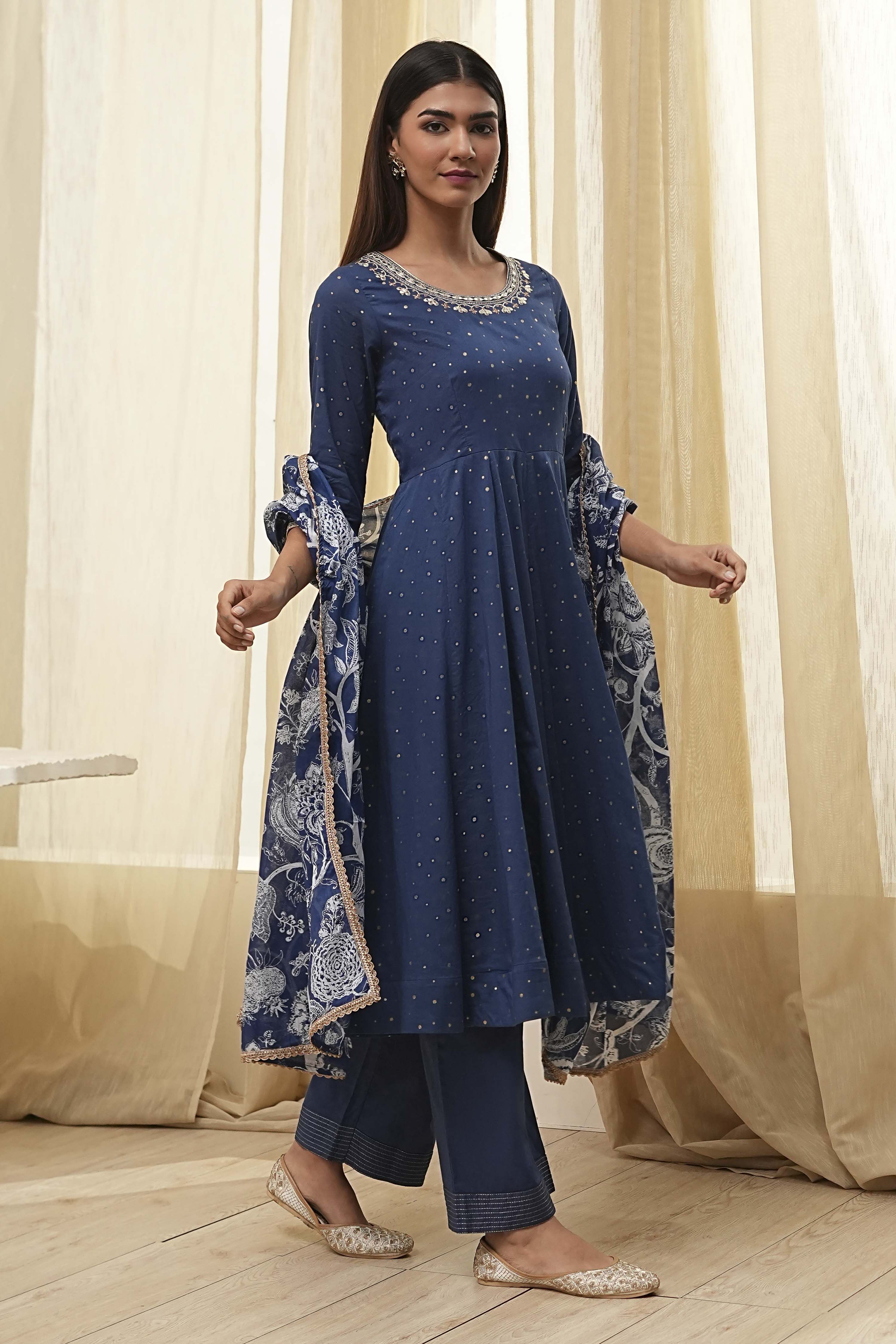 Blue Cotton Foil Printed Anarkali Suit Set image number 5
