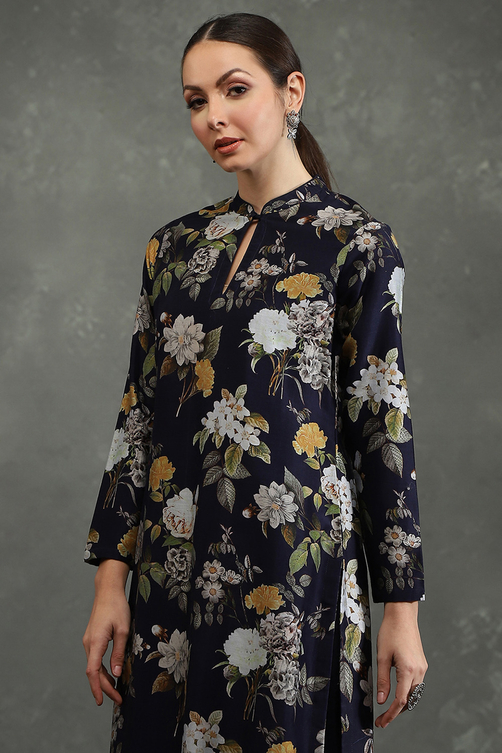 Rohit Bal Indigo Silk Chanderi Floral Printed Straight Kurta Set image number 1