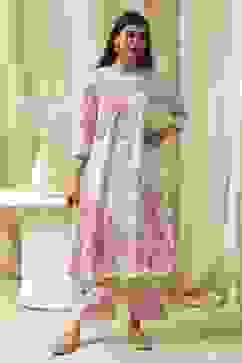 Off-White and Pink Cotton Straight Suit Set image number 6