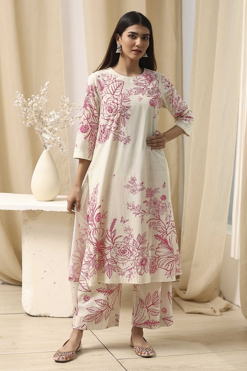 Off-White and Blue Cotton Straight Suit Set image number 6