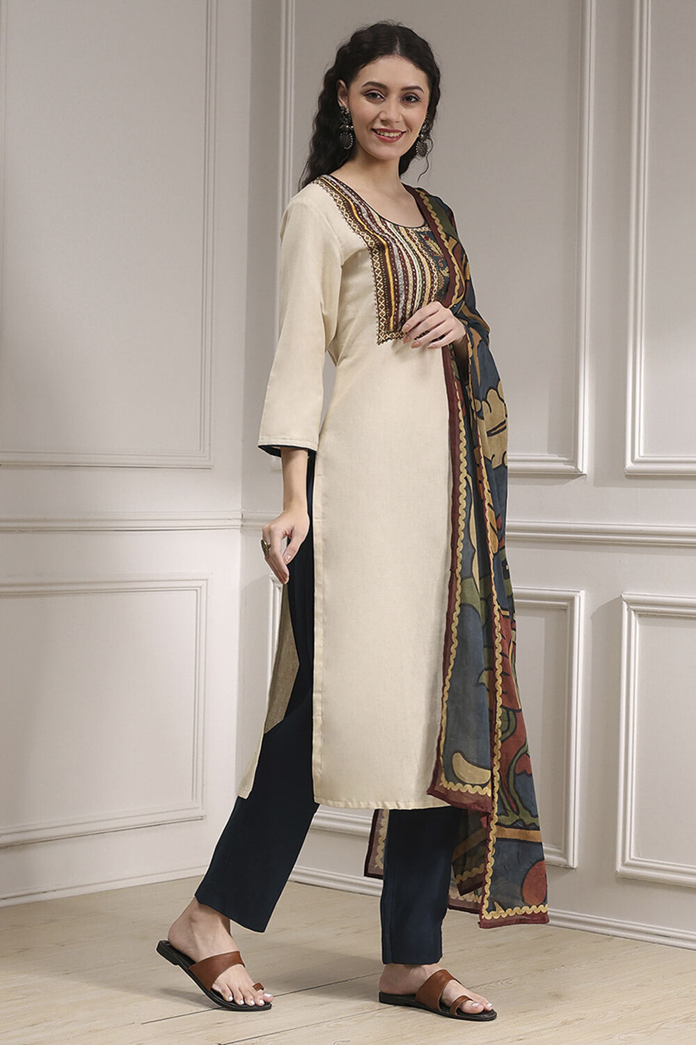 White Cotton Hand Block Print Unstitched Suit Set image number 6